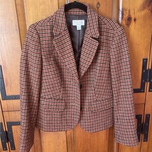 Talbots Pink & Brown Houndstooth Wool Blend Blazer Jacket Size 4
